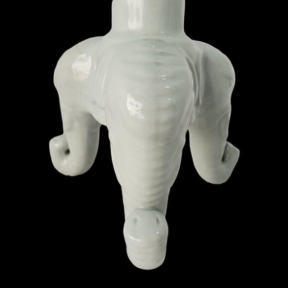 Vintage Celedon Ceramic Candle Holder 3 Headed Elephant Tripod Base 11.25" x 7" - Picture 5 of 8
